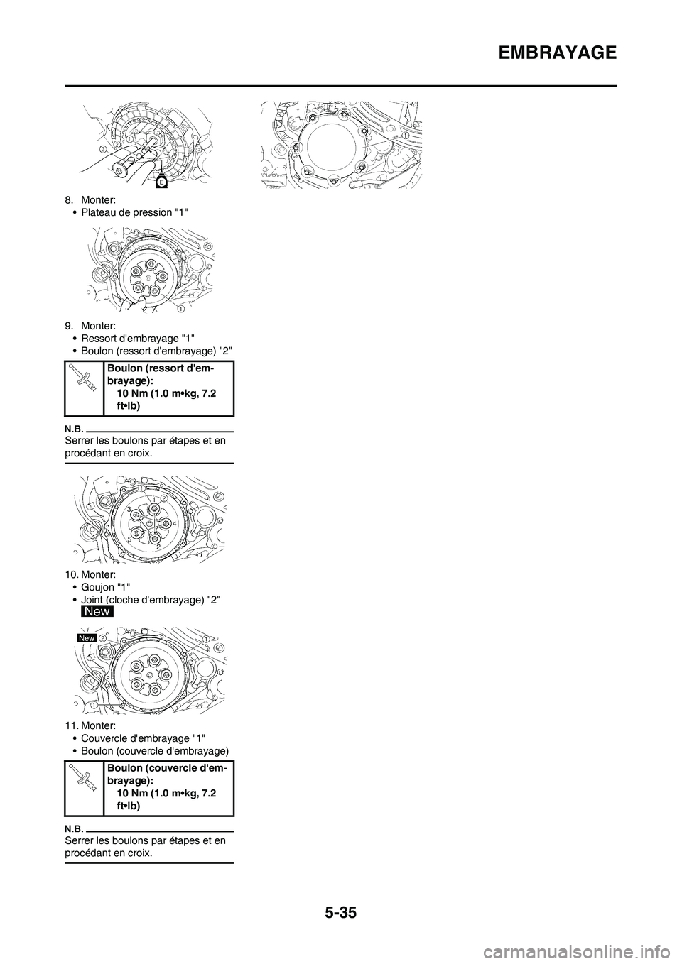 YAMAHA WR 250F 2011  Notices Demploi (in French) 5-35
EMBRAYAGE
8. Monter:
• Plateau de pression "1"
9. Monter:
• Ressort dembrayage "1"
• Boulon (ressort dembrayage) "2"
Serrer les boulons par étapes et en 
procédant en croix.
10. Monter: