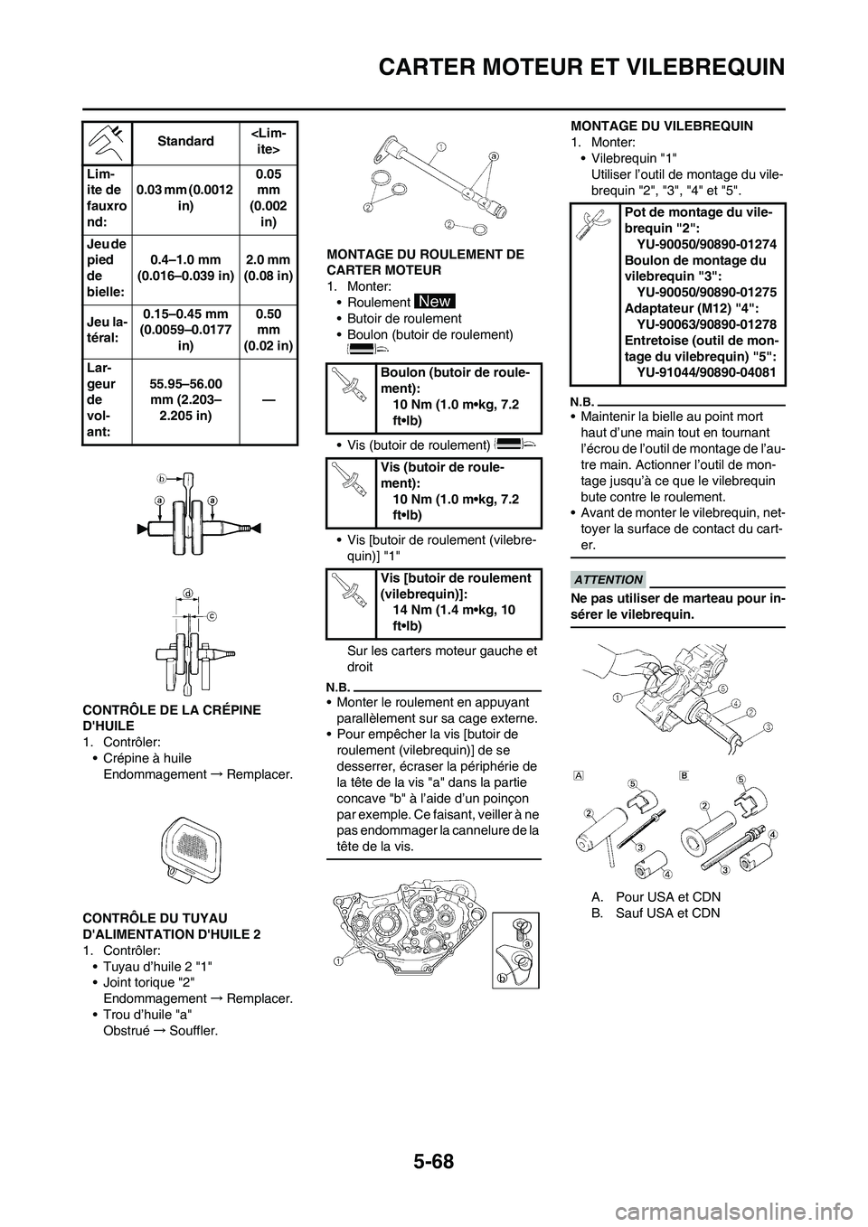 YAMAHA WR 250F 2011 Notices Demploi (in French) 5-68
CARTER MOTEUR ET VILEBREQUIN
CONTRÔLE DE LA CRÉPINE
DHUILE
1. Contrôler:
• Crépine à huile
Endommagement→Remplacer.
CONTRÔLE DU TUYAU
DALIMENTATION DHUILE 2
1. Contrôler:
• Tuya YAMAHA WR 250F 2011 Notices Demploi (in French) 5-68
CARTER MOTEUR ET VILEBREQUIN
CONTRÔLE DE LA CRÉPINE
DHUILE
1. Contrôler:
• Crépine à huile
Endommagement→Remplacer.
CONTRÔLE DU TUYAU
DALIMENTATION DHUILE 2
1. Contrôler:
• Tuya