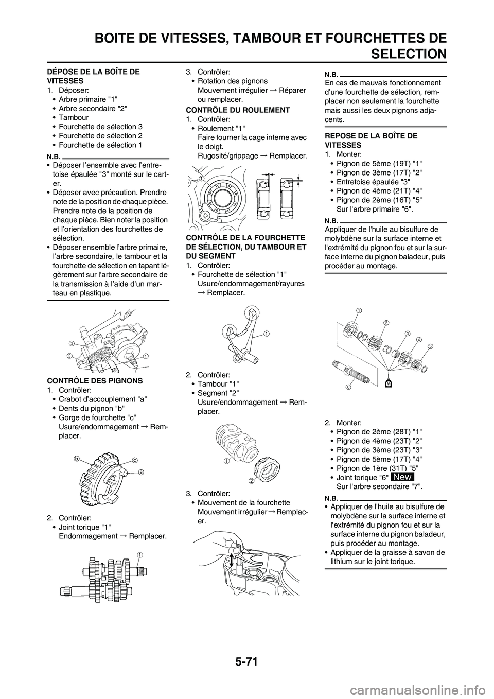 YAMAHA WR 250F 2011 Notices Demploi (in French) 5-71
BOITE DE VITESSES, TAMBOUR ET FOURCHETTES DE
SELECTION
DÉPOSE DE LA BOÎTE DE
VITESSES
1. Déposer:
• Arbre primaire "1"
• Arbre secondaire "2"
• Tambour
• Fourchette de sélection 3
YAMAHA WR 250F 2011 Notices Demploi (in French) 5-71
BOITE DE VITESSES, TAMBOUR ET FOURCHETTES DE
SELECTION
DÉPOSE DE LA BOÎTE DE
VITESSES
1. Déposer:
• Arbre primaire "1"
• Arbre secondaire "2"
• Tambour
• Fourchette de sélection 3