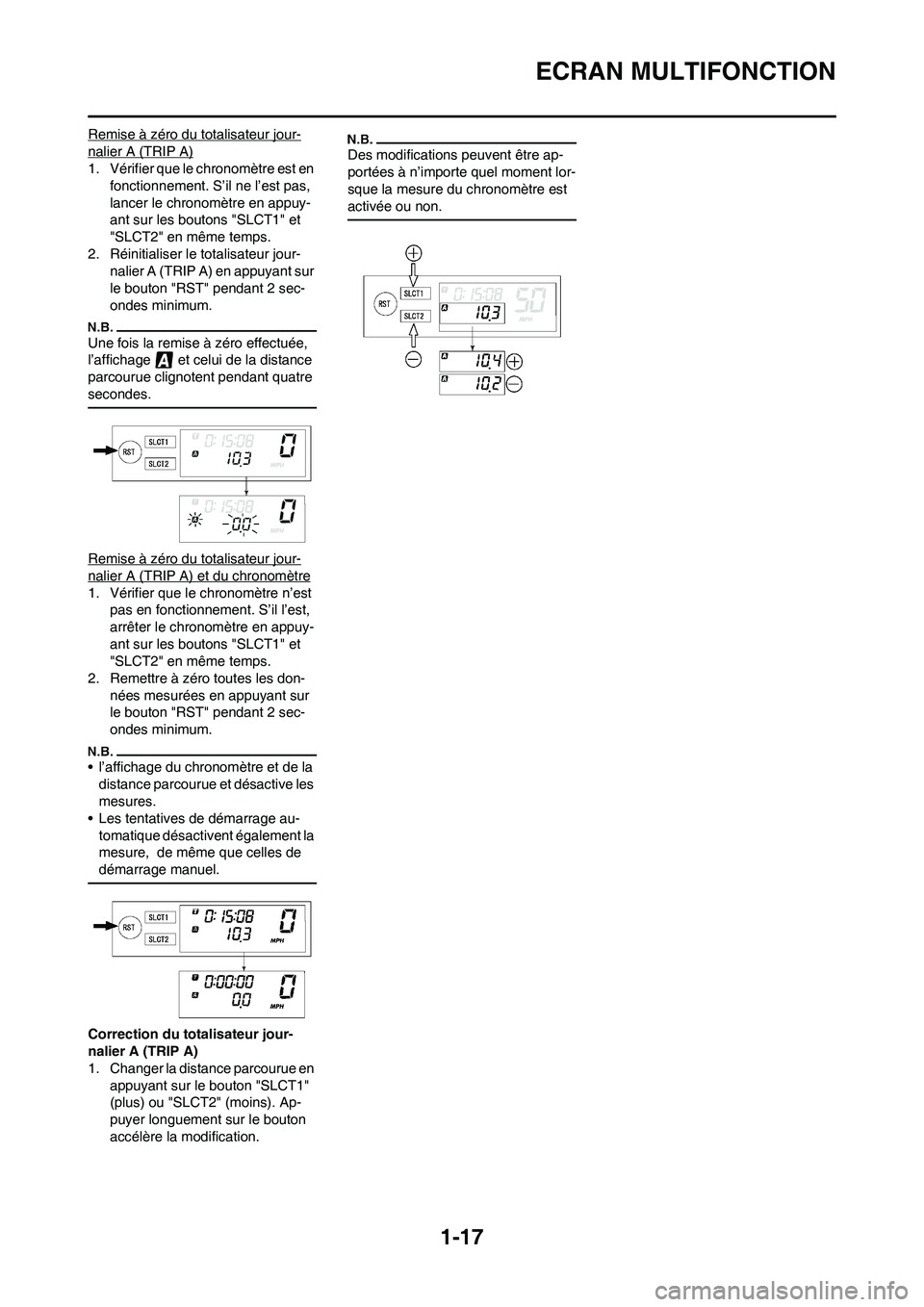 YAMAHA WR 250F 2011 Notices Demploi (in French)
1-17
ECRAN MULTIFONCTION
Remise à zéro du totalisateur jour-
nalier A (TRIP A)
1. Vérifier que le chronomètre est en fonctionnement. S’il ne l’est pas,
lancer le chronomètre en appuy-
ant s YAMAHA WR 250F 2011 Notices Demploi (in French)
1-17
ECRAN MULTIFONCTION
Remise à zéro du totalisateur jour-
nalier A (TRIP A)
1. Vérifier que le chronomètre est en fonctionnement. S’il ne l’est pas,
lancer le chronomètre en appuy-
ant s