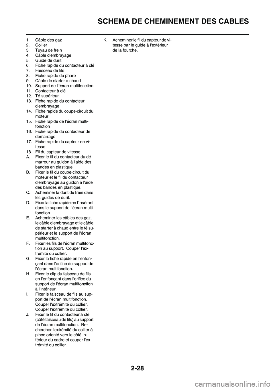 YAMAHA WR 250F 2011 Notices Demploi (in French) 2-28
SCHEMA DE CHEMINEMENT DES CABLES
1. Câble des gaz
2. Collier
3. Tuyau de frein
4. Câble dembrayage
5. Guide de durit
6. Fiche rapide du contacteur à clé
7. Faisceau de fils
8. Fiche rapide d YAMAHA WR 250F 2011 Notices Demploi (in French) 2-28
SCHEMA DE CHEMINEMENT DES CABLES
1. Câble des gaz
2. Collier
3. Tuyau de frein
4. Câble dembrayage
5. Guide de durit
6. Fiche rapide du contacteur à clé
7. Faisceau de fils
8. Fiche rapide d