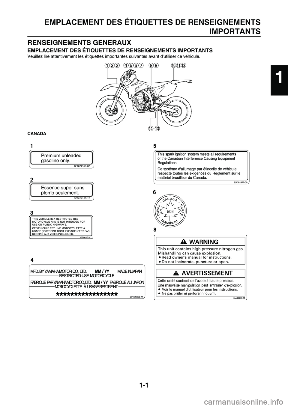 YAMAHA WR 250F 2011  Notices Demploi (in French) 
1-1
EMPLACEMENT DES ÉTIQUETTES DE RENSEIGNEMENTSIMPORTANTS
RENSEIGNEMENTS GENERAUX
EMPLACEMENT DES ÉTIQUETTES DE RENSEIGNEMENTS IMPORTANTS
Veuillez lire attentivement les étiquettes importantes su