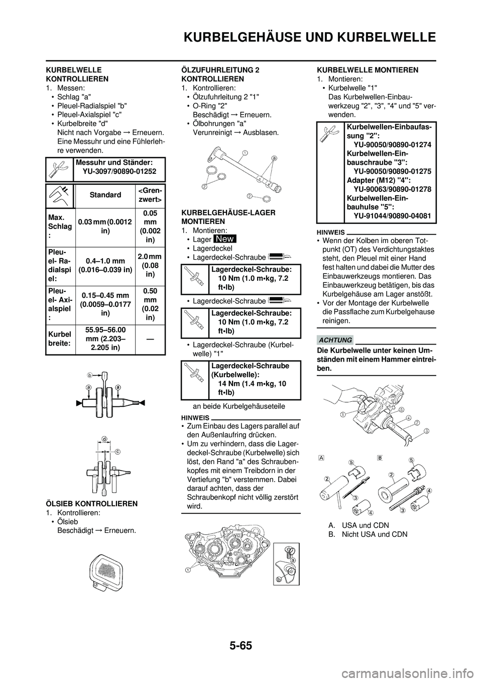 YAMAHA WR 250F 2010 Betriebsanleitungen (in German) 5-65
KURBELGEHÄUSE UND KURBELWELLE
KURBELWELLE
KONTROLLIEREN
1. Messen:• Schlag "a"
• Pleuel-Radialspiel "b"
• Pleuel-Axialspiel "c"
• Kurbelbreite "d"
Nicht nach Vorgabe →Erneuern.
Eine M YAMAHA WR 250F 2010 Betriebsanleitungen (in German) 5-65
KURBELGEHÄUSE UND KURBELWELLE
KURBELWELLE
KONTROLLIEREN
1. Messen:• Schlag "a"
• Pleuel-Radialspiel "b"
• Pleuel-Axialspiel "c"
• Kurbelbreite "d"
Nicht nach Vorgabe →Erneuern.
Eine M