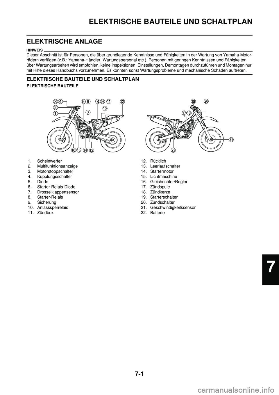 YAMAHA WR 250F 2010  Betriebsanleitungen (in German) 7-1
ELEKTRISCHE BAUTEILE UND SCHALTPLAN
ELEKTRISCHE ANLAGE
Dieser Abschnitt ist für Personen, die über grundlegende Kenntnisse und Fähigkeiten in der Wartung von Yamaha-Motor-
rädern verfügen (z.