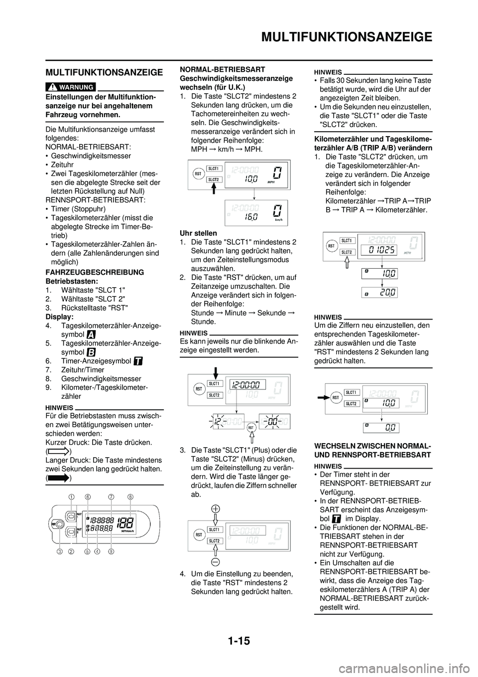 YAMAHA WR 250F 2010 Betriebsanleitungen (in German) 1-15
MULTIFUNKTIONSANZEIGE
MULTIFUNKTIONSANZEIGE
Einstellungen der Multifunktion-
sanzeige nur bei angehaltenem
Fahrzeug vornehmen.
Die Multifunktionsanzeige umfasst
folgendes:
NORMAL-BETRIEBSART:
YAMAHA WR 250F 2010 Betriebsanleitungen (in German) 1-15
MULTIFUNKTIONSANZEIGE
MULTIFUNKTIONSANZEIGE
Einstellungen der Multifunktion-
sanzeige nur bei angehaltenem
Fahrzeug vornehmen.
Die Multifunktionsanzeige umfasst
folgendes:
NORMAL-BETRIEBSART: