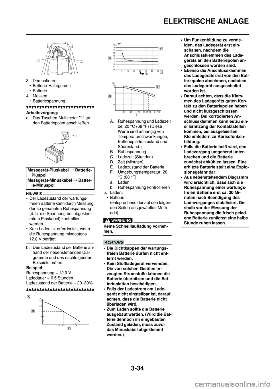 YAMAHA WR 250F 2010 Betriebsanleitungen (in German) 3-34
ELEKTRISCHE ANLAGE
3. Demontieren:• Batterie-Haltegummi
•Batterie
4. Messen: • Batteriespannung
Arbeitsvorgang:
a. Das Taschen-Multimeter "1" an
den Batteriepolen anschließen.
• Der Lad YAMAHA WR 250F 2010 Betriebsanleitungen (in German) 3-34
ELEKTRISCHE ANLAGE
3. Demontieren:• Batterie-Haltegummi
•Batterie
4. Messen: • Batteriespannung
Arbeitsvorgang:
a. Das Taschen-Multimeter "1" an
den Batteriepolen anschließen.
• Der Lad