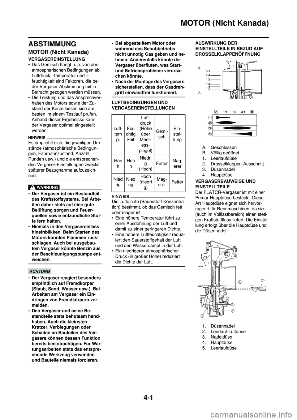 YAMAHA WR 250F 2010 Betriebsanleitungen (in German) 4-1
MOTOR (Nicht Kanada)
ABSTIMMUNG
MOTOR (Nicht Kanada)
VERGASEREINSTELLUNG
• Das Gemisch hangt u. a. von den atmospharischen Bedingungen ab.
Luftdruck, -temperatur und –
feuchtigkeit sind Fakto YAMAHA WR 250F 2010 Betriebsanleitungen (in German) 4-1
MOTOR (Nicht Kanada)
ABSTIMMUNG
MOTOR (Nicht Kanada)
VERGASEREINSTELLUNG
• Das Gemisch hangt u. a. von den atmospharischen Bedingungen ab.
Luftdruck, -temperatur und –
feuchtigkeit sind Fakto