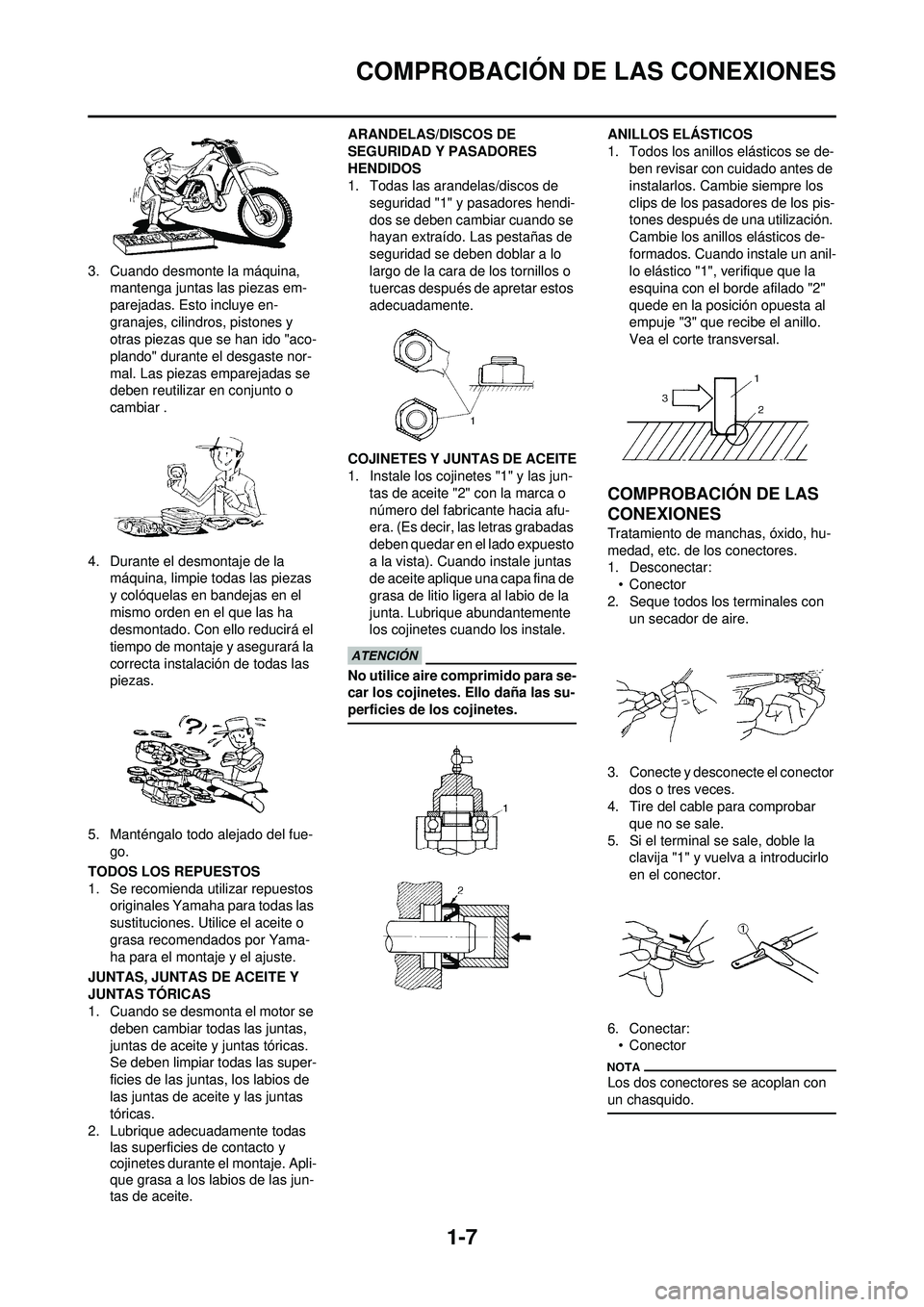 YAMAHA WR 250F 2010  Manuale de Empleo (in Spanish) 1-7
COMPROBACIÓN DE LAS CONEXIONES
3. Cuando desmonte la máquina, mantenga juntas las piezas em-
parejadas. Esto incluye en-
granajes, cilindros, pistones y 
otras piezas que se han ido "aco-
plando