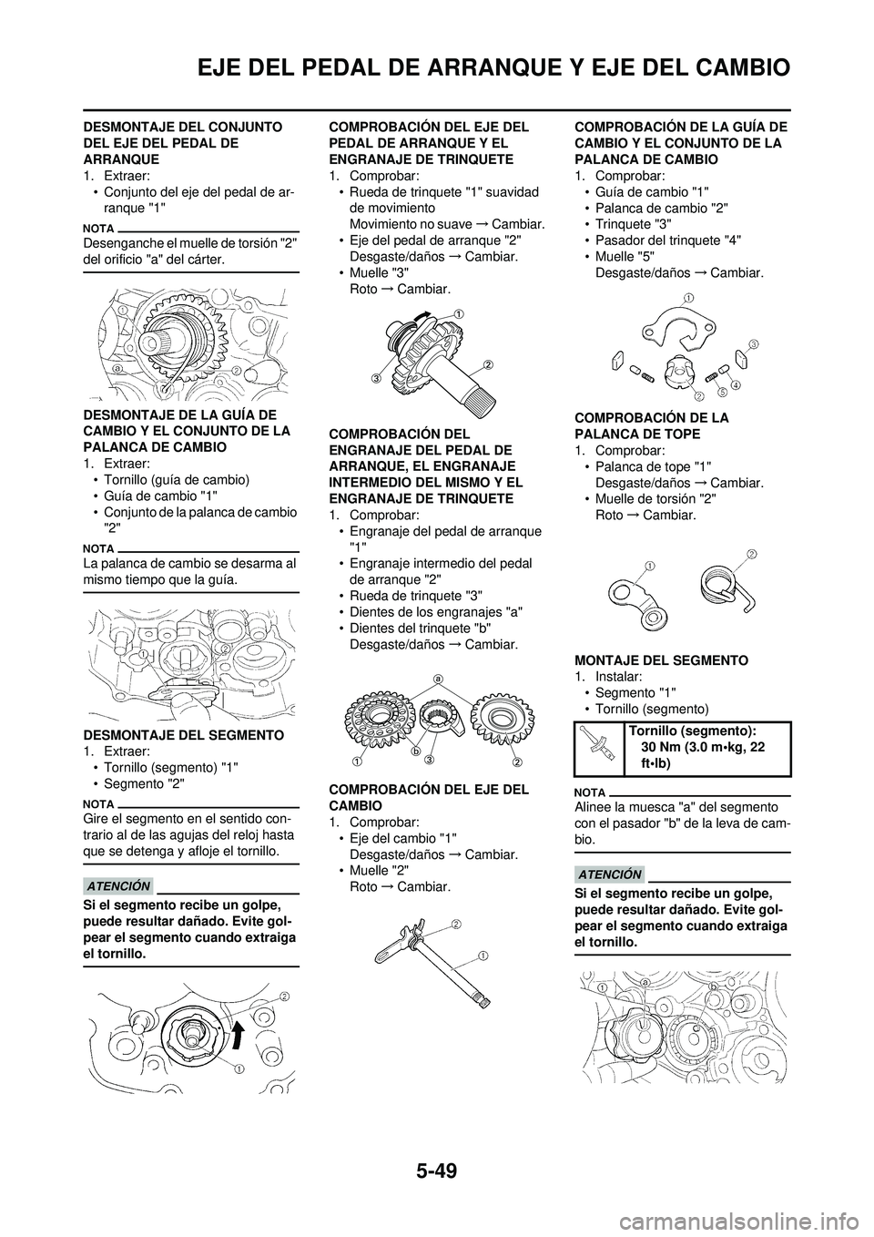 YAMAHA WR 250F 2010  Manuale de Empleo (in Spanish) 5-49
EJE DEL PEDAL DE ARRANQUE Y EJE DEL CAMBIO
DESMONTAJE DEL CONJUNTO 
DEL EJE DEL PEDAL DE 
ARRANQUE
1. Extraer:• Conjunto del eje del pedal de ar-ranque "1"
Desenganche el muelle de torsión "2"