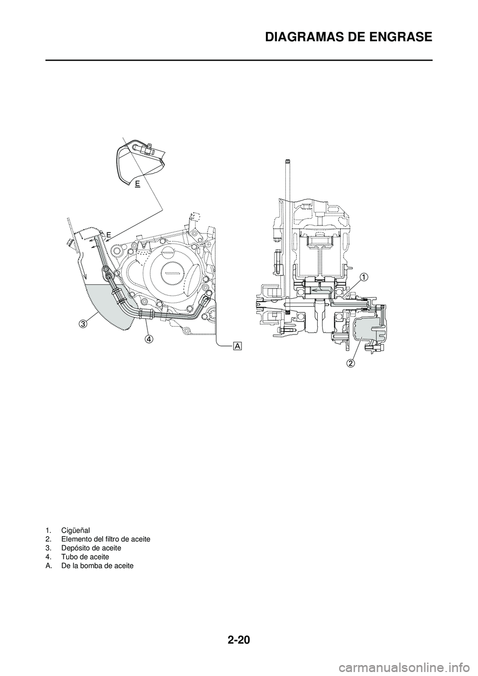 YAMAHA WR 250F 2010  Manuale de Empleo (in Spanish) 2-20
DIAGRAMAS DE ENGRASE
1. Cigüeñal
2. Elemento del filtro de aceite
3. Depósito de aceite
4. Tubo de aceite
A. De la bomba de aceite 