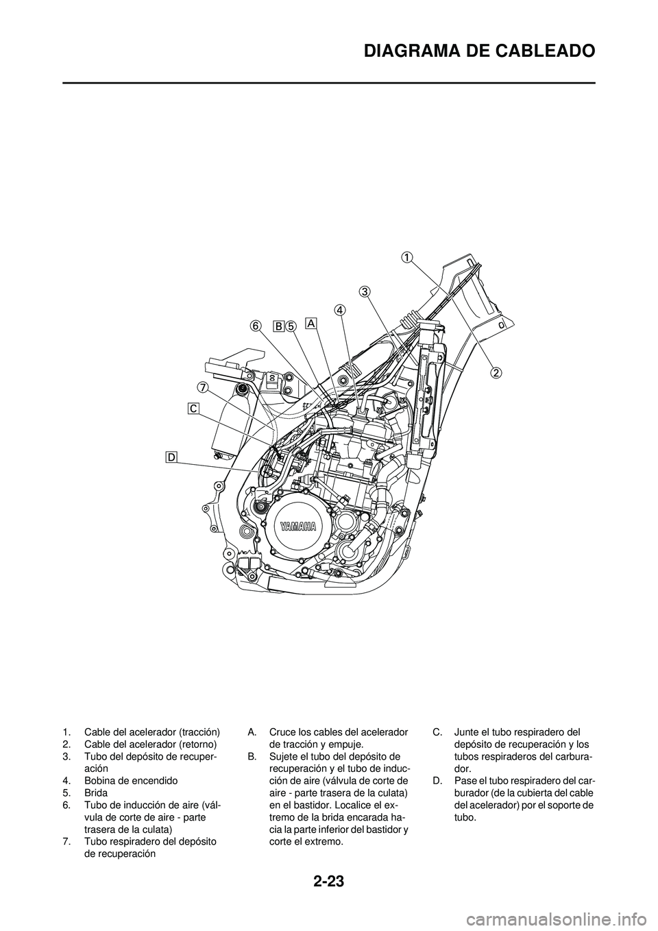 YAMAHA WR 250F 2010  Manuale de Empleo (in Spanish) 2-23
DIAGRAMA DE CABLEADO
1. Cable del acelerador (tracción)
2. Cable del acelerador (retorno)
3. Tubo del depósito de recuper-ación
4. Bobina de encendido
5. Brida
6. Tubo de inducción de aire (v
