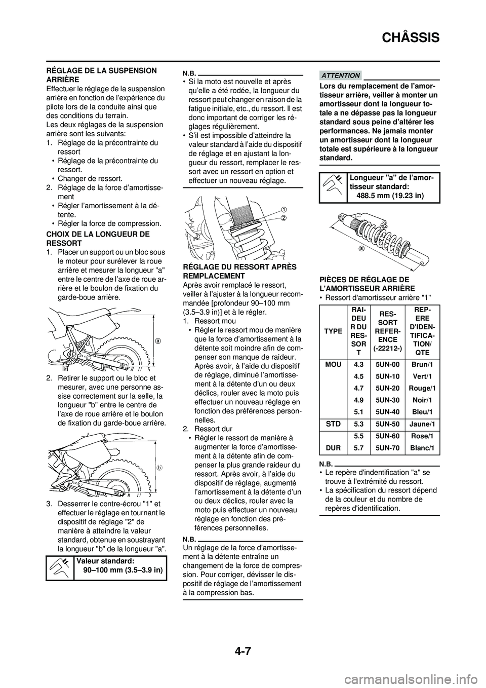 YAMAHA WR 250F 2010  Notices Demploi (in French) 4-7
CHÂSSIS
RÉGLAGE DE LA SUSPENSION 
ARRIÈRE
Effectuer le réglage de la suspension 
arrière en fonction de l’expérience du 
pilote lors de la conduite ainsi que 
des conditions du terrain.
Le