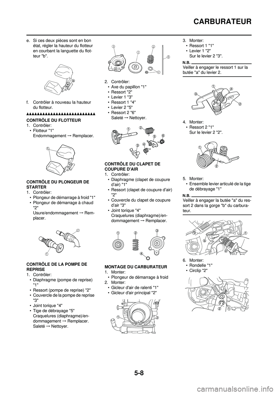 YAMAHA WR 250F 2010  Notices Demploi (in French) 5-8
CARBURATEUR
e. Si ces deux pièces sont en bon état, régler la hauteur du flotteur 
en courbant la languette du flot-
teur "b".
f. Contrôler à nouveau la hauteur  du flotteur.
CONTRÔLE DU FLO