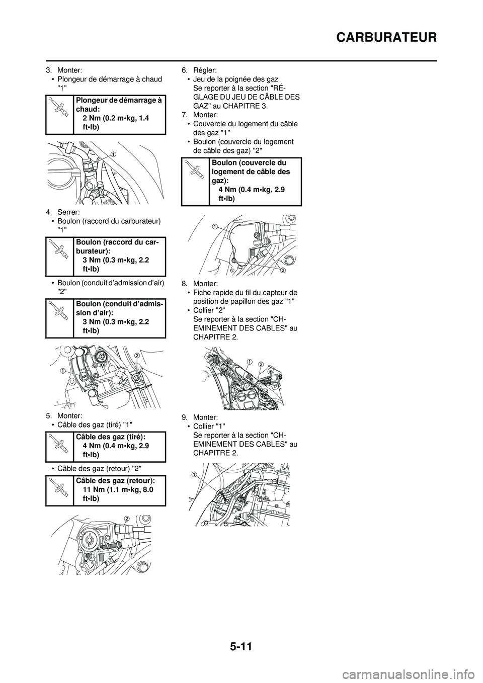 YAMAHA WR 250F 2010  Notices Demploi (in French) 5-11
CARBURATEUR
3. Monter:• Plongeur de démarrage à chaud "1"
4. Serrer: • Boulon (raccord du carburateur) 
"1"
• Boulon (conduit d’admission d’air)  "2"
5. Monter: • Câble des gaz (ti