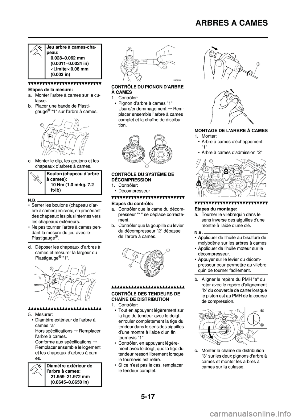 YAMAHA WR 250F 2010  Notices Demploi (in French) 5-17
ARBRES A CAMES
Etapes de la mesure:
a. Monter l’arbre à cames sur la cu-lasse.
b. Placer une bande de Plasti-
gauge
® "1" sur l’arbre à cames.
c. Monter le clip, les goujons et les  chapea