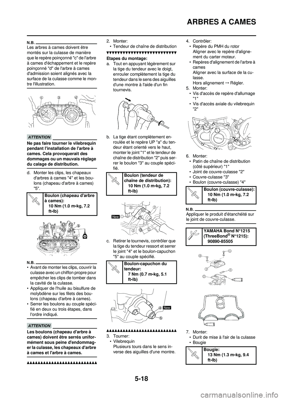 YAMAHA WR 250F 2010  Notices Demploi (in French) 5-18
ARBRES A CAMES
Les arbres à cames doivent être 
montés sur la culasse de manière 
que le repère poinçonné "c" de larbre 
à cames déchappement et le repère 
poinçonné "d" de larbre 