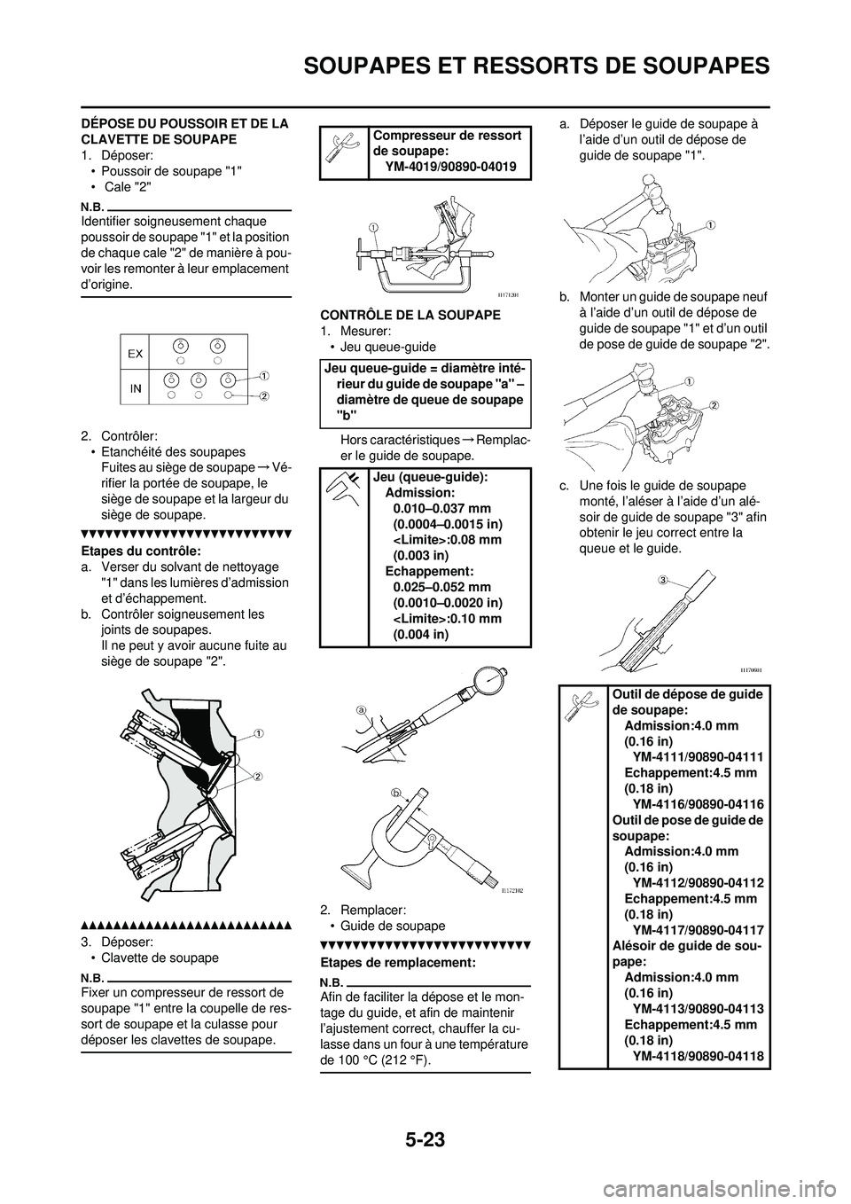YAMAHA WR 250F 2010  Notices Demploi (in French) 5-23
SOUPAPES ET RESSORTS DE SOUPAPES
DÉPOSE DU POUSSOIR ET DE LA 
CLAVETTE DE SOUPAPE
1. Déposer:• Poussoir de soupape "1"
•  Cale "2"
Identifier soigneusement chaque 
poussoir de soupape "1" e