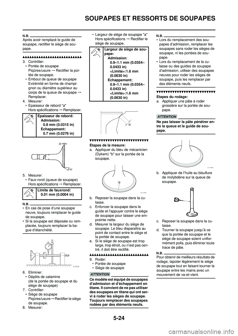 YAMAHA WR 250F 2010  Notices Demploi (in French) 5-24
SOUPAPES ET RESSORTS DE SOUPAPES
Après avoir remplacé le guide de 
soupape, rectifier le siège de sou-
pape.
3. Contrôler:• Portée de soupapePiqûres/usure →Rectifier la por-
tée de sou