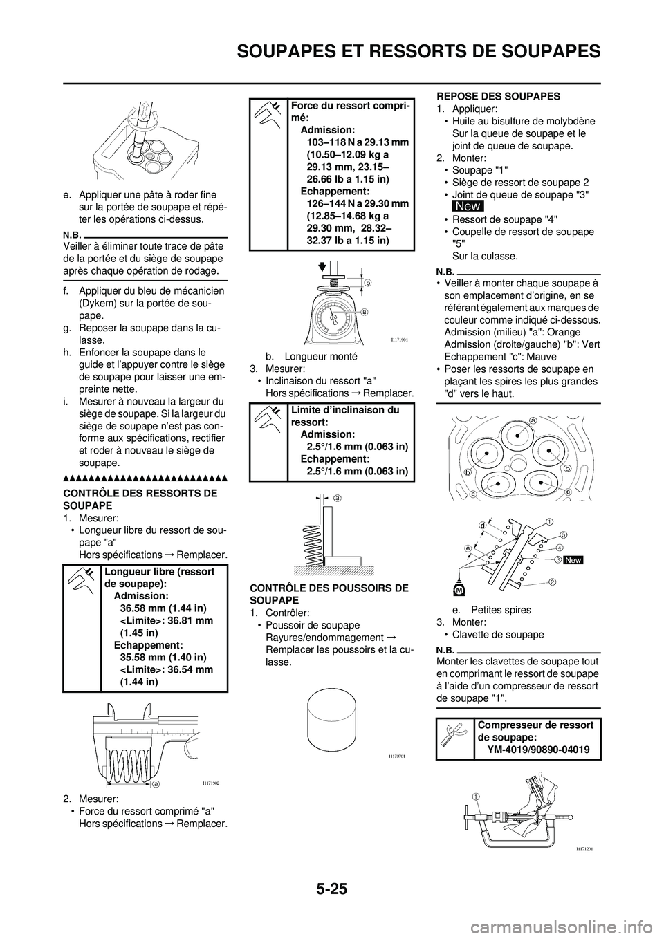 YAMAHA WR 250F 2010  Notices Demploi (in French) 5-25
SOUPAPES ET RESSORTS DE SOUPAPES
e. Appliquer une pâte à roder fine sur la portée de soupape et répé-
ter les opérations ci-dessus.
Veiller à éliminer toute trace de pâte 
de la portée 