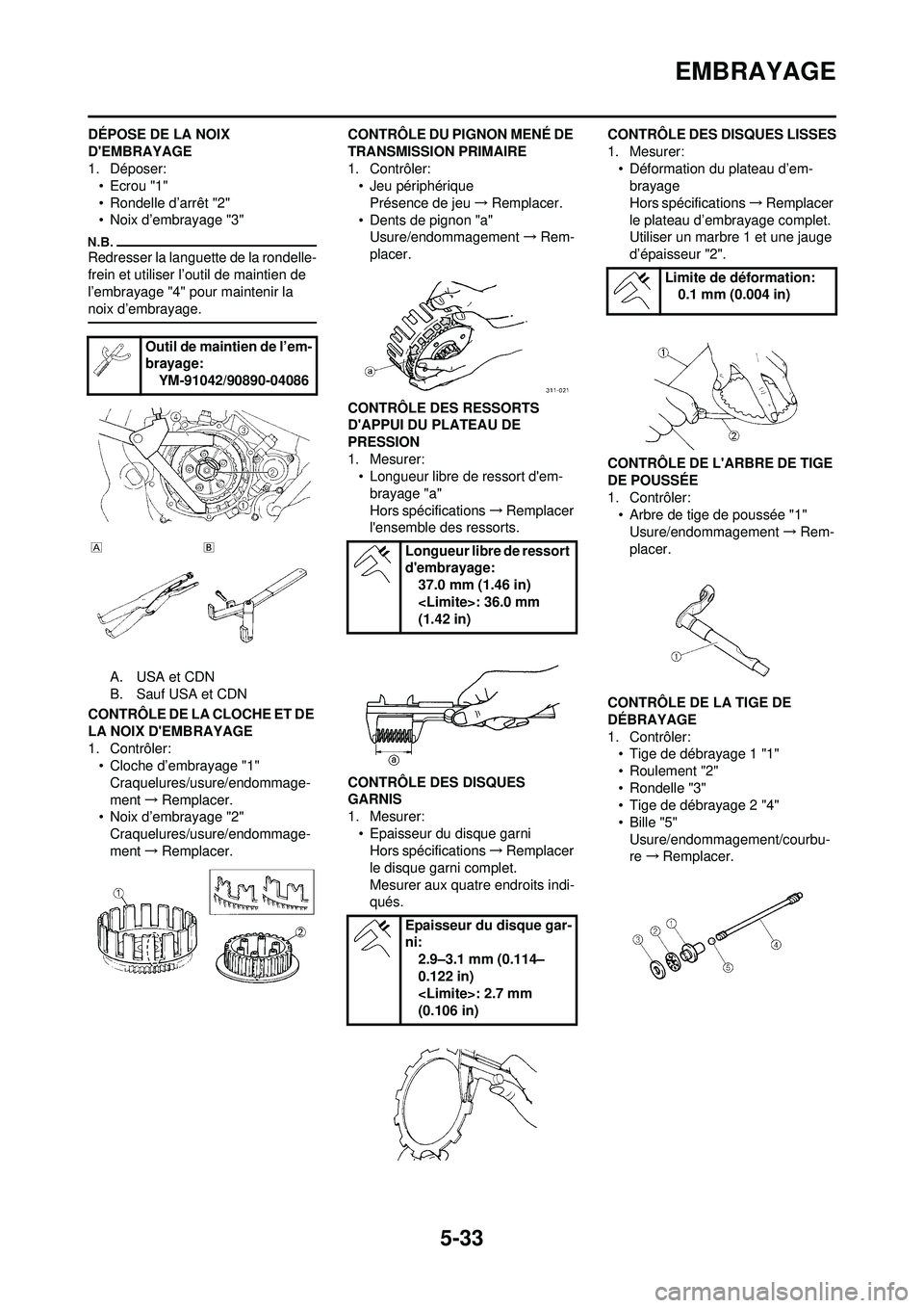 YAMAHA WR 250F 2010  Notices Demploi (in French) 5-33
EMBRAYAGE
DÉPOSE DE LA NOIX 
DEMBRAYAGE
1. Déposer:• Ecrou "1"
• Rondelle d’arrêt "2"
• Noix d’embrayage "3"
Redresser la languette de la rondelle-
frein et utiliser l’outil de ma
