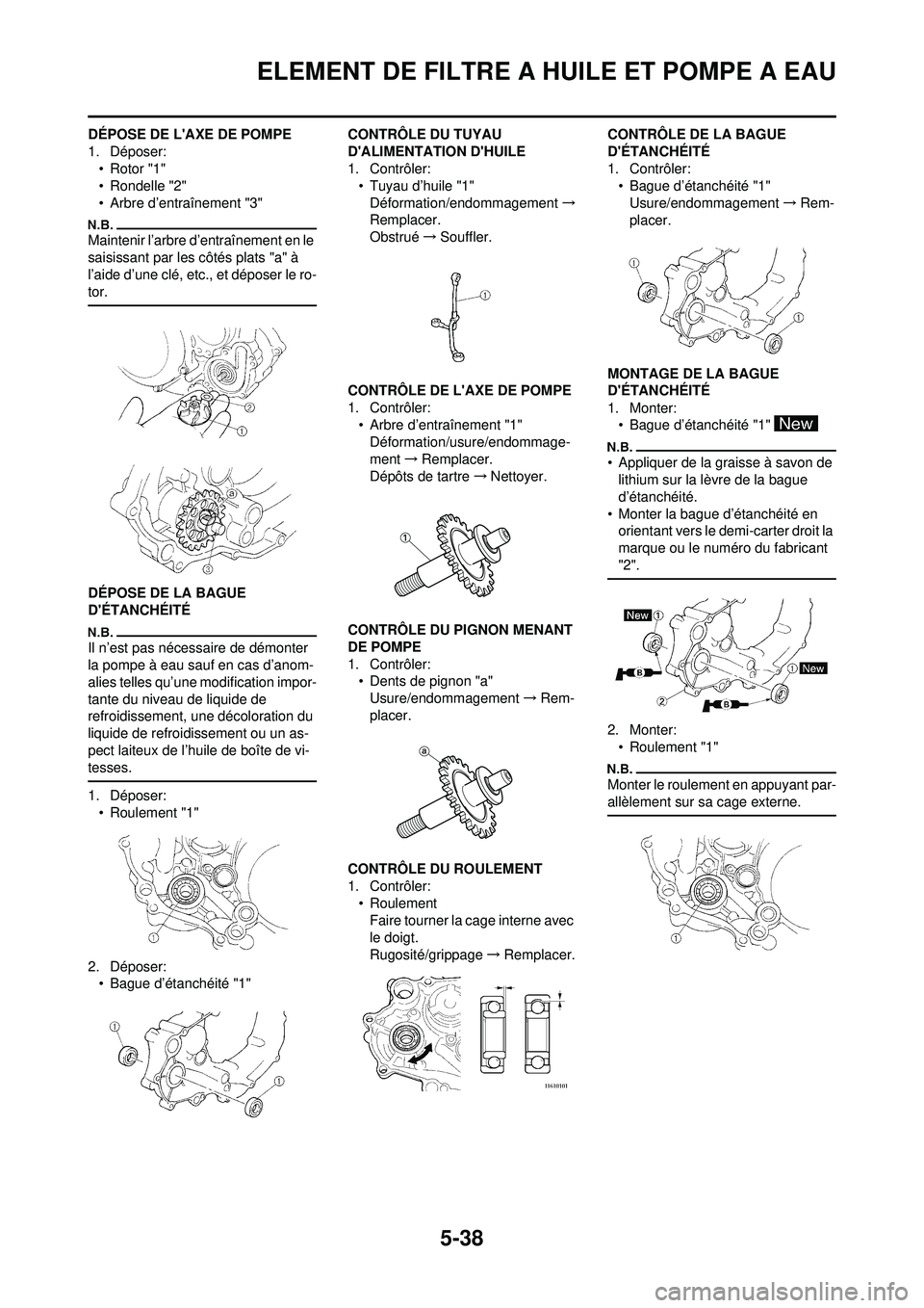 YAMAHA WR 250F 2010  Notices Demploi (in French) 5-38
ELEMENT DE FILTRE A HUILE ET POMPE A EAU
DÉPOSE DE LAXE DE POMPE
1. Déposer:• Rotor "1"
• Rondelle "2"
• Arbre d’entraînement "3"
Maintenir l’arbre d’entraînement en le 
saisissa