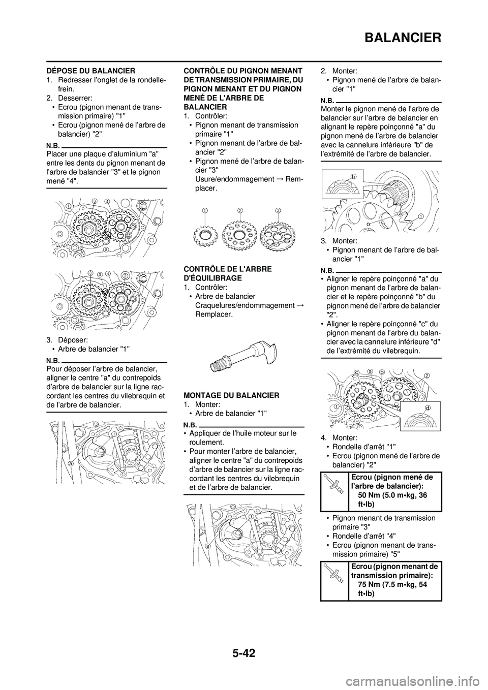 YAMAHA WR 250F 2010  Notices Demploi (in French) 5-42
BALANCIER
DÉPOSE DU BALANCIER
1. Redresser l’onglet de la rondelle-frein.
2. Desserrer:
• Ecrou (pignon menant de trans-mission primaire) "1"
• Ecrou (pignon mené de l’arbre de 
balanci