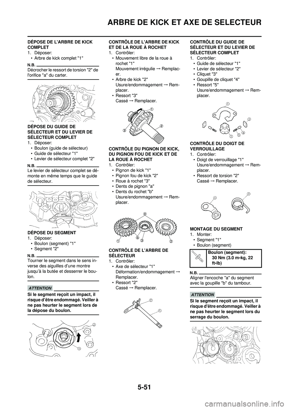 YAMAHA WR 250F 2010  Notices Demploi (in French) 5-51
ARBRE DE KICK ET AXE DE SELECTEUR
DÉPOSE DE LARBRE DE KICK 
COMPLET
1. Déposer:• Arbre de kick complet "1"
Décrocher le ressort de torsion "2" de 
lorifice "a" du carter.
DÉPOSE DU GUIDE 