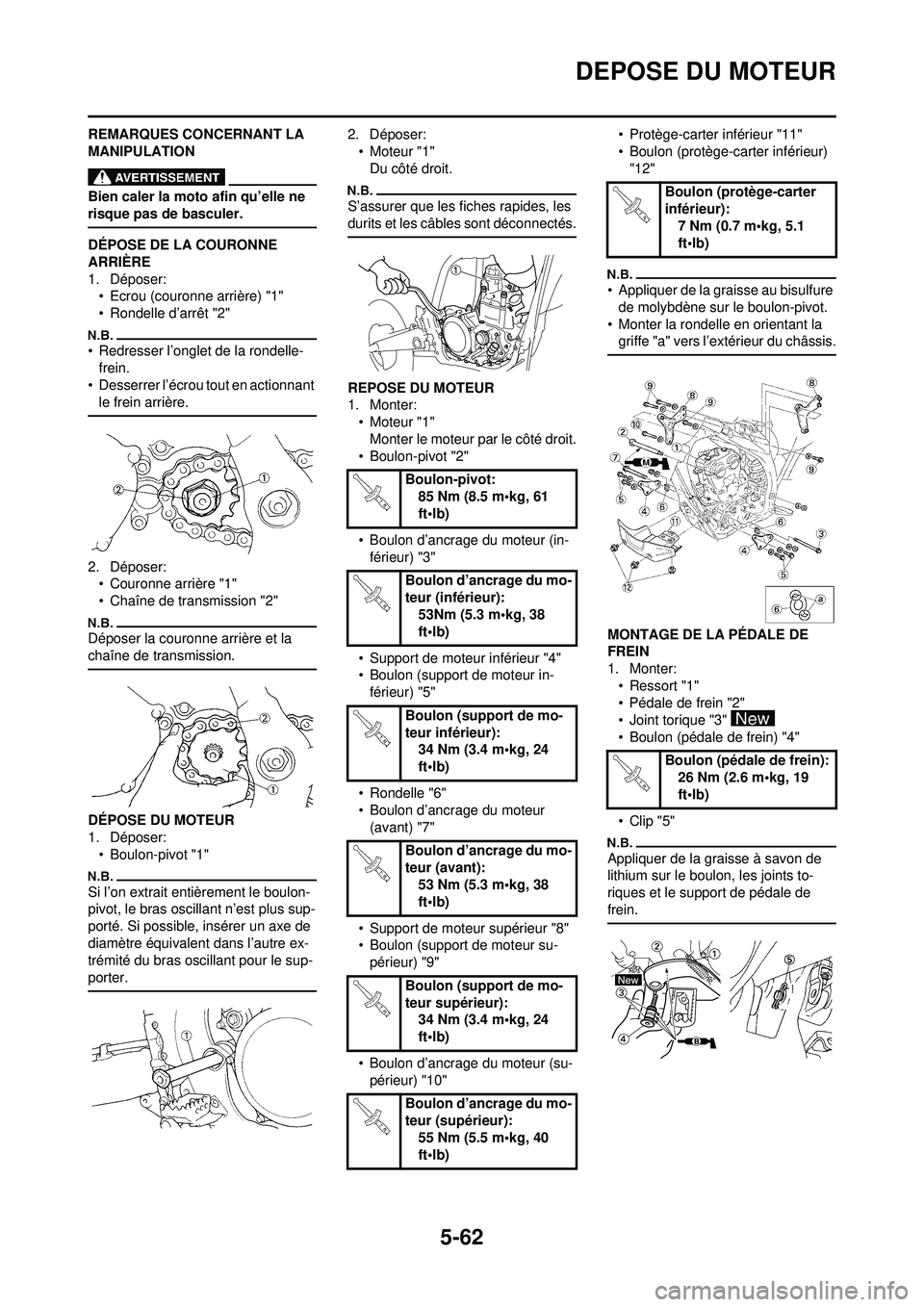 YAMAHA WR 250F 2010  Notices Demploi (in French) 5-62
DEPOSE DU MOTEUR
REMARQUES CONCERNANT LA 
MANIPULATION
Bien caler la moto afin qu’elle ne 
risque pas de basculer.
DÉPOSE DE LA COURONNE 
ARRIÈRE
1. Déposer:• Ecrou (couronne arrière) "1"