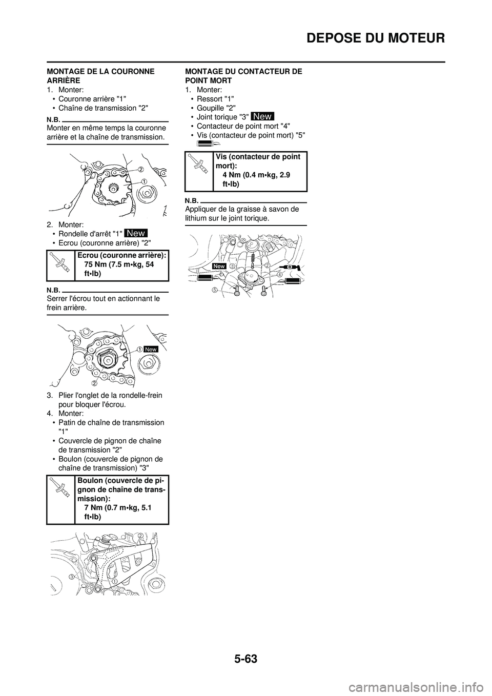 YAMAHA WR 250F 2010  Notices Demploi (in French) 5-63
DEPOSE DU MOTEUR
MONTAGE DE LA COURONNE 
ARRIÈRE
1. Monter:• Couronne arrière "1"
• Chaîne de transmission "2"
Monter en même temps la couronne 
arrière et la chaîne de transmission.
2.