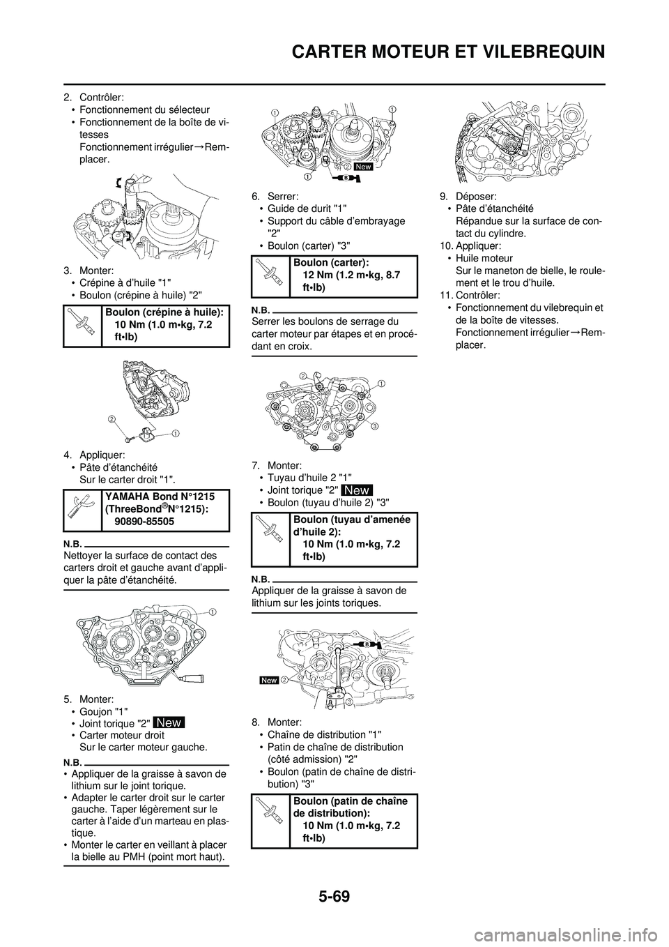 YAMAHA WR 250F 2010  Notices Demploi (in French) 5-69
CARTER MOTEUR ET VILEBREQUIN
2. Contrôler:• Fonctionnement du sélecteur
• Fonctionnement de la boîte de vi-tesses
Fonctionnement irrégulier →Rem-
placer.
3. Monter: • Crépine à d’