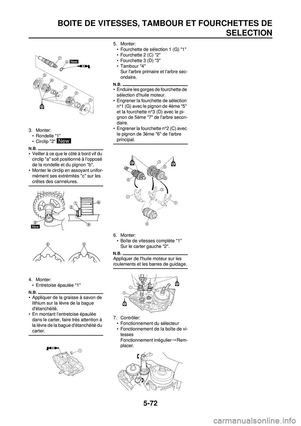 YAMAHA WR 250F 2010  Notices Demploi (in French) 5-72
BOITE DE VITESSES, TAMBOUR ET FOURCHETTES DESELECTION
3. Monter:
• Rondelle "1"
• Circlip "2" 
• Veiller à ce que le côté à bord vif du circlip "a" soit positionné à lopposé 
de la 