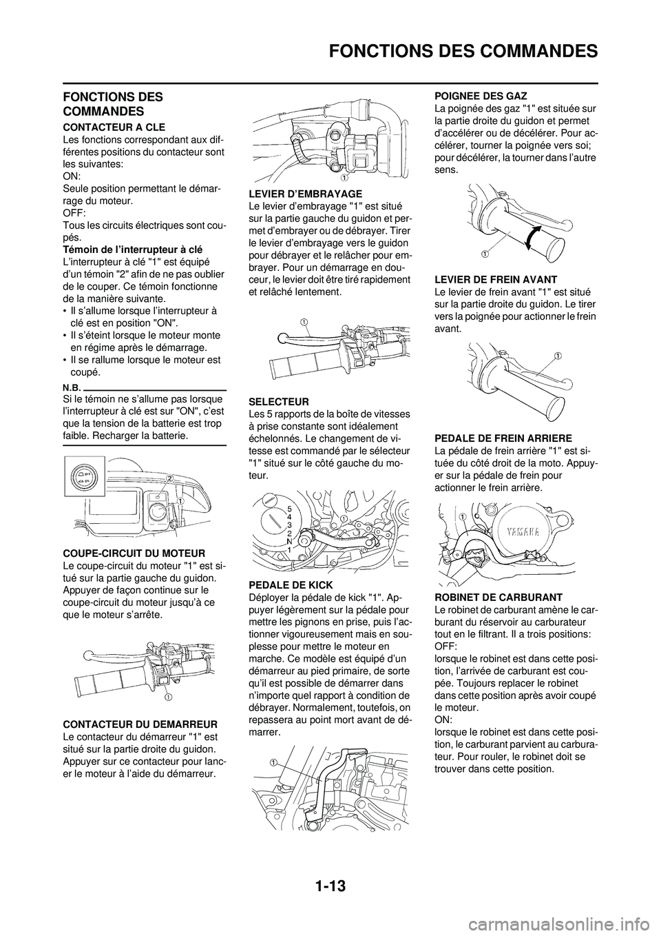 YAMAHA WR 250F 2010  Notices Demploi (in French) 1-13
FONCTIONS DES COMMANDES
FONCTIONS DES 
COMMANDES
CONTACTEUR A CLE
Les fonctions correspondant aux dif-
férentes positions du contacteur sont 
les suivantes:
ON:
Seule position permettant le dém