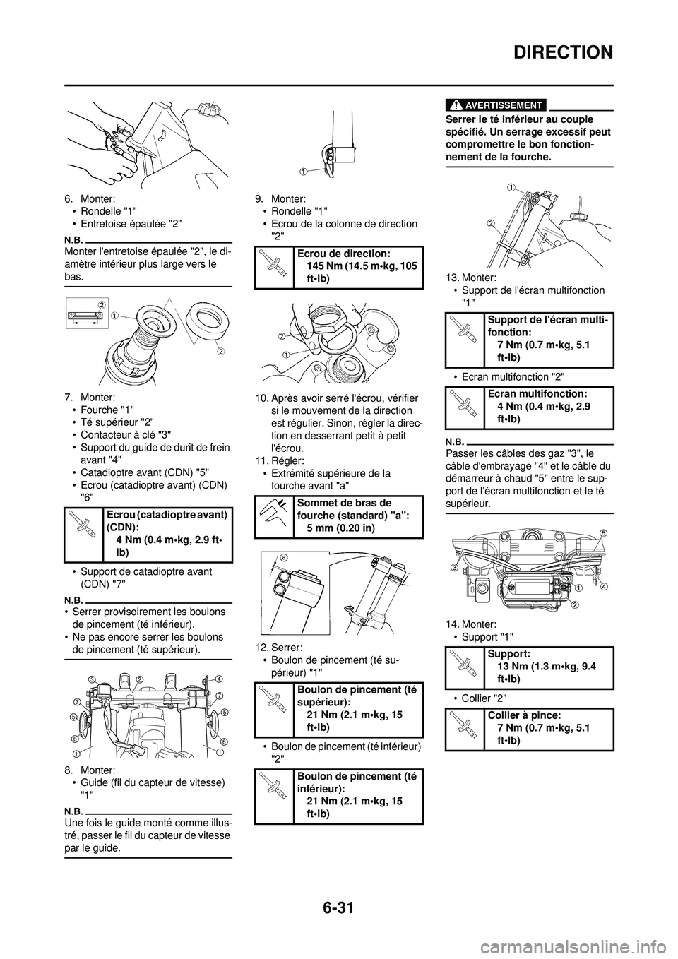 YAMAHA WR 250F 2010  Notices Demploi (in French) 6-31
DIRECTION
6. Monter:• Rondelle "1"
• Entretoise épaulée "2"
Monter lentretoise épaulée "2", le di-
amètre intérieur pl us large vers le 
bas.
7. Monter: • Fourche "1"
• Té supéri