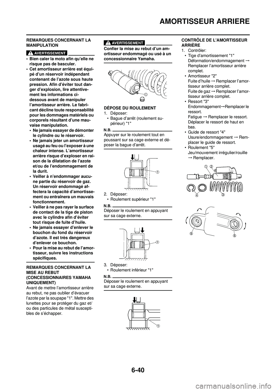 YAMAHA WR 250F 2010  Notices Demploi (in French) 6-40
AMORTISSEUR ARRIERE
REMARQUES CONCERNANT LA 
MANIPULATION
• Bien caler la moto afin qu’elle ne risque pas de basculer.
• Cet amortisseur arrière est équi- pé d’un réservoir indépenda