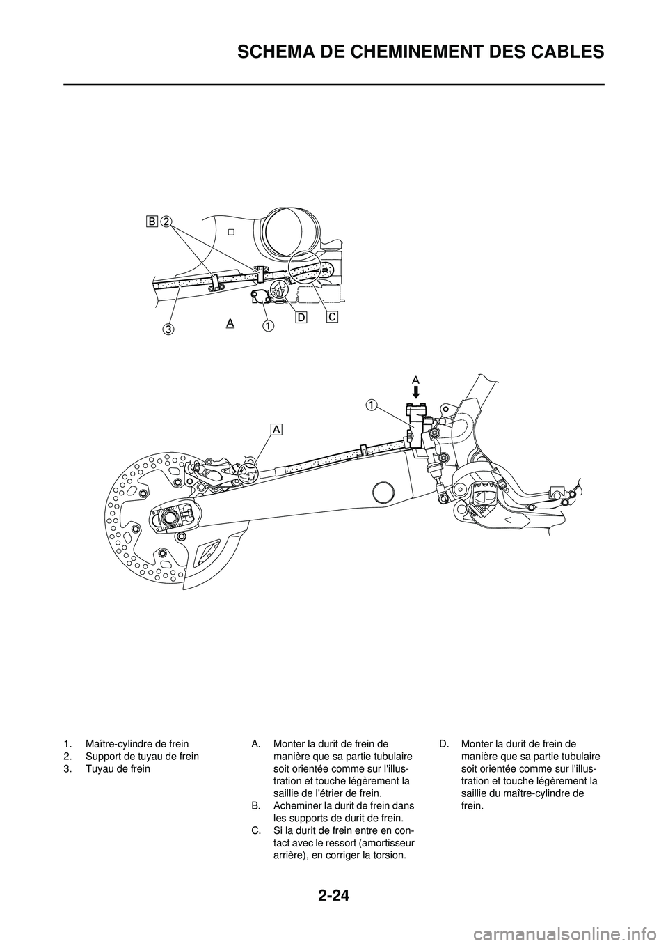 YAMAHA WR 250F 2010  Notices Demploi (in French) 2-24
SCHEMA DE CHEMINEMENT DES CABLES
1. Maître-cylindre de frein
2. Support de tuyau de frein
3. Tuyau de freinA. Monter la durit de frein de 
manière que sa partie tubulaire 
soit orientée comme 