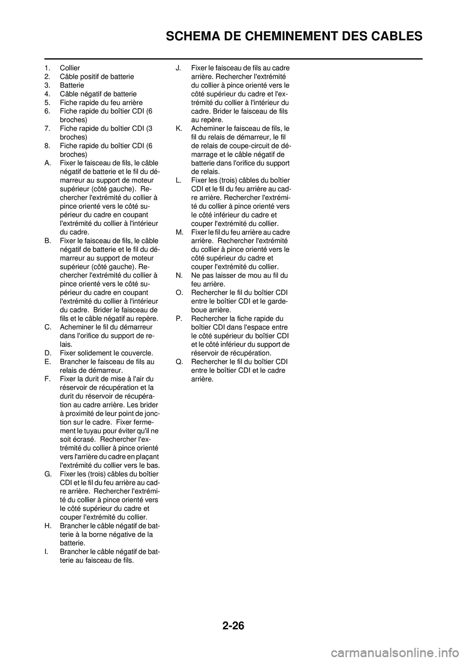 YAMAHA WR 250F 2010  Notices Demploi (in French) 2-26
SCHEMA DE CHEMINEMENT DES CABLES
1. Collier
2. Câble positif de batterie
3. Batterie
4. Câble négatif de batterie
5. Fiche rapide du feu arrière
6. Fiche rapide du boîtier CDI (6 broches)
7.