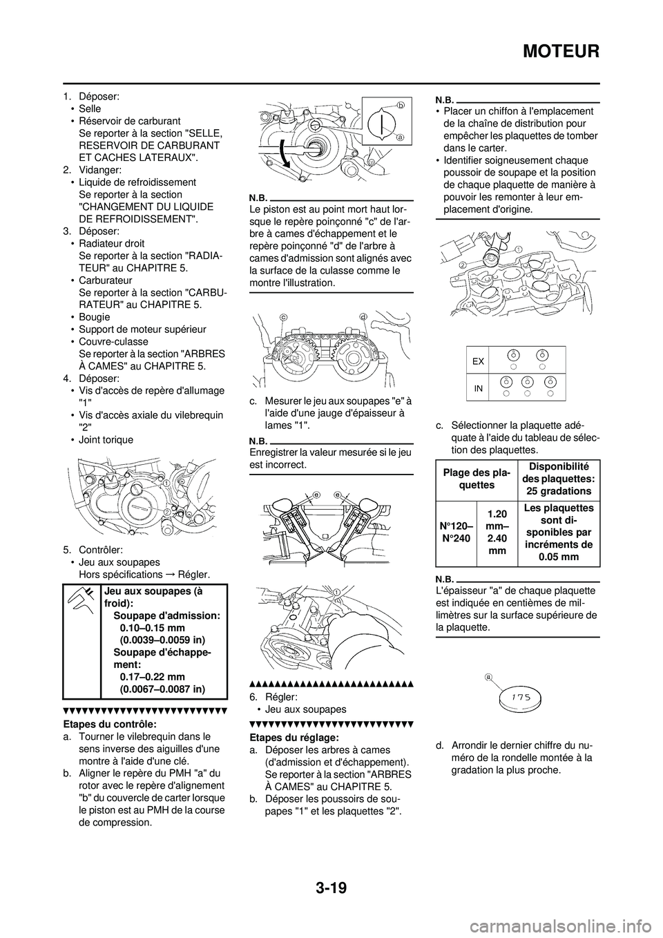 YAMAHA WR 250F 2010  Notices Demploi (in French) 3-19
MOTEUR
1. Déposer:•Selle
• Réservoir de carburantSe reporter à la section "SELLE, 
RESERVOIR DE CARBURANT 
ET CACHES LATERAUX".
2. Vidanger:
• Liquide de refroidissementSe reporter à la