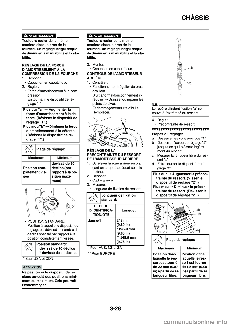 YAMAHA WR 250F 2010  Notices Demploi (in French) 3-28
CHÂSSIS
Toujours régler de la même 
manière chaque bras de la 
fourche. Un réglage inégal risque 
de diminuer la maniabilité et la sta-
bilité.
RÉGLAGE DE LA FORCE 
DAMORTISSEMENT À LA