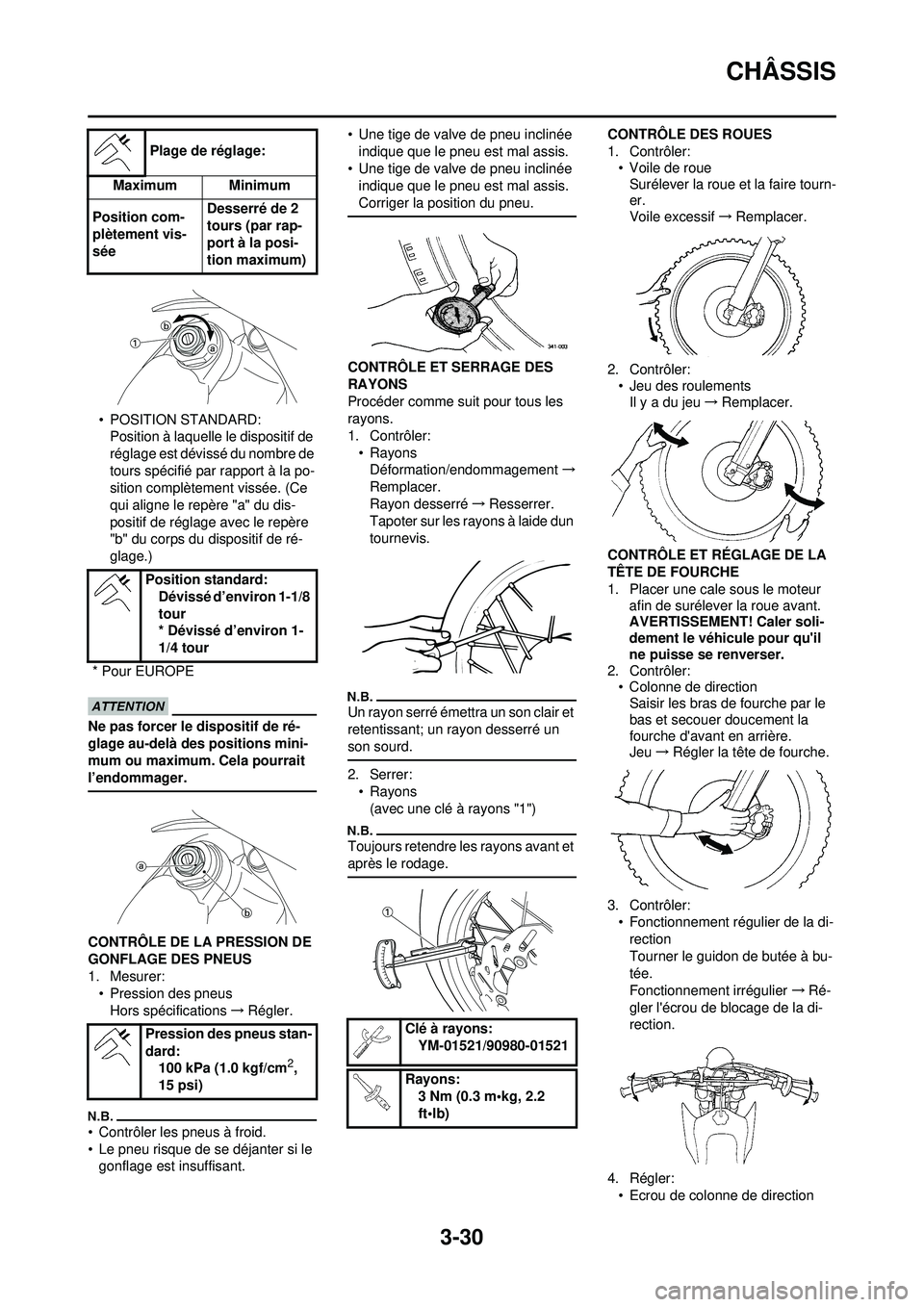 YAMAHA WR 250F 2010  Notices Demploi (in French) 3-30
CHÂSSIS
• POSITION STANDARD:Position à laquelle le dispositif de 
réglage est dévissé du nombre de 
tours spécifié par rapport à la po-
sition complètement vissée. (Ce 
qui aligne le 