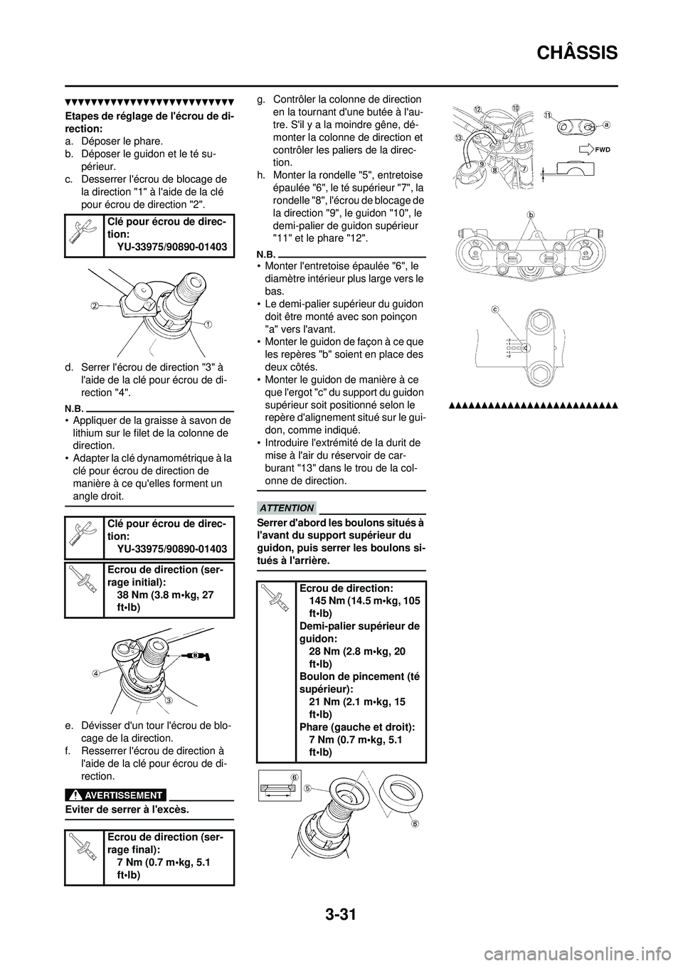 YAMAHA WR 250F 2010  Notices Demploi (in French) 3-31
CHÂSSIS
Etapes de réglage de lécrou de di-
rection:
a. Déposer le phare.
b. Déposer le guidon et le té su-périeur.
c. Desserrer lécrou de blocage de 
la direction "1" à laide de la cl