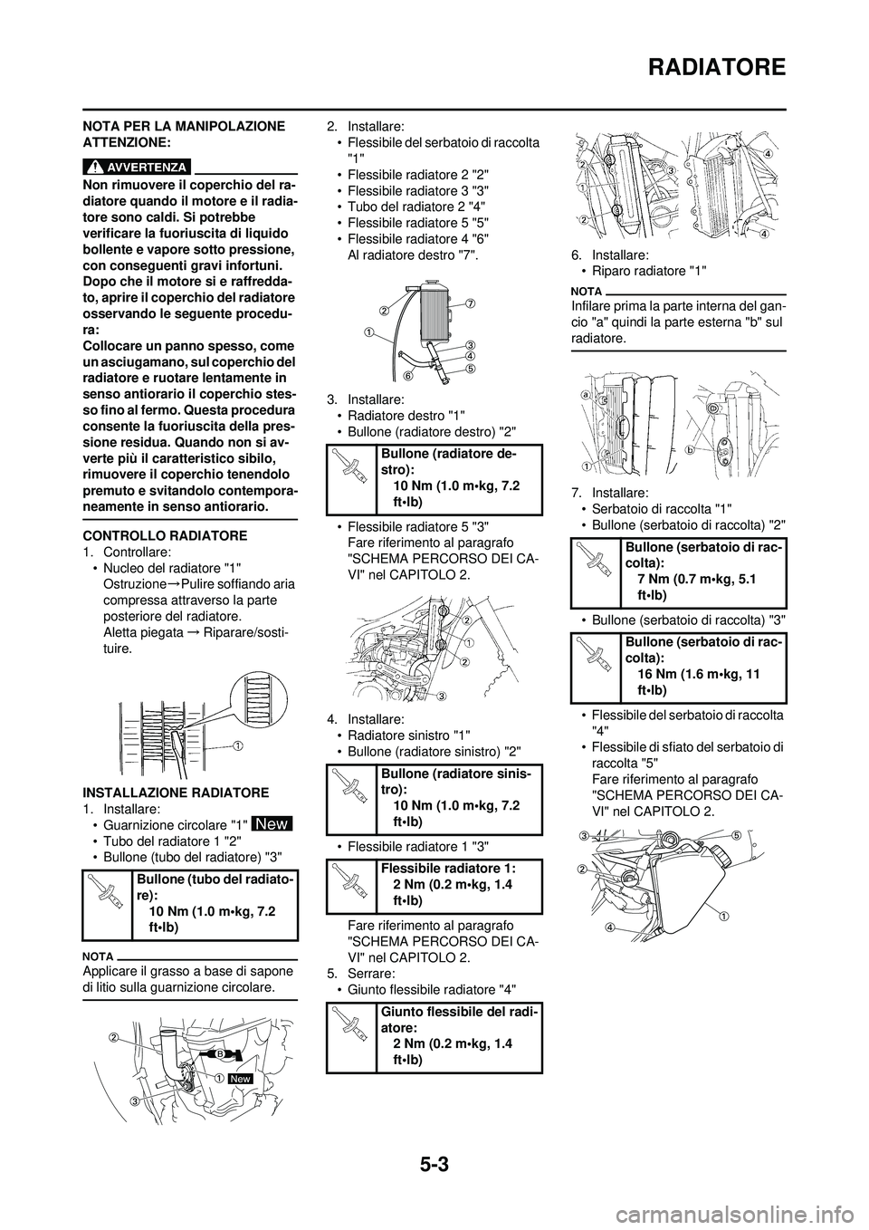 YAMAHA WR 250F 2010  Manuale duso (in Italian) 5-3
RADIATORE
NOTA PER LA MANIPOLAZIONE 
ATTENZIONE:
Non rimuovere il coperchio del ra-
diatore quando il motore e il radia-
tore sono caldi. Si potrebbe 
verificare la fuoriuscita di liquido 
bollent