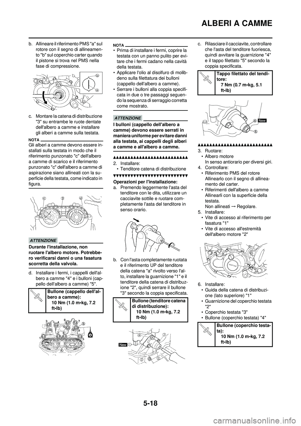 YAMAHA WR 250F 2010  Manuale duso (in Italian) 5-18
ALBERI A CAMME
b. Allineare il riferimento PMS "a" sul rotore con il segno di allineamen-
to "b" sul coperchio carter quando 
il pistone si trova nel PMS nella 
fase di compressione.
c. Montare l