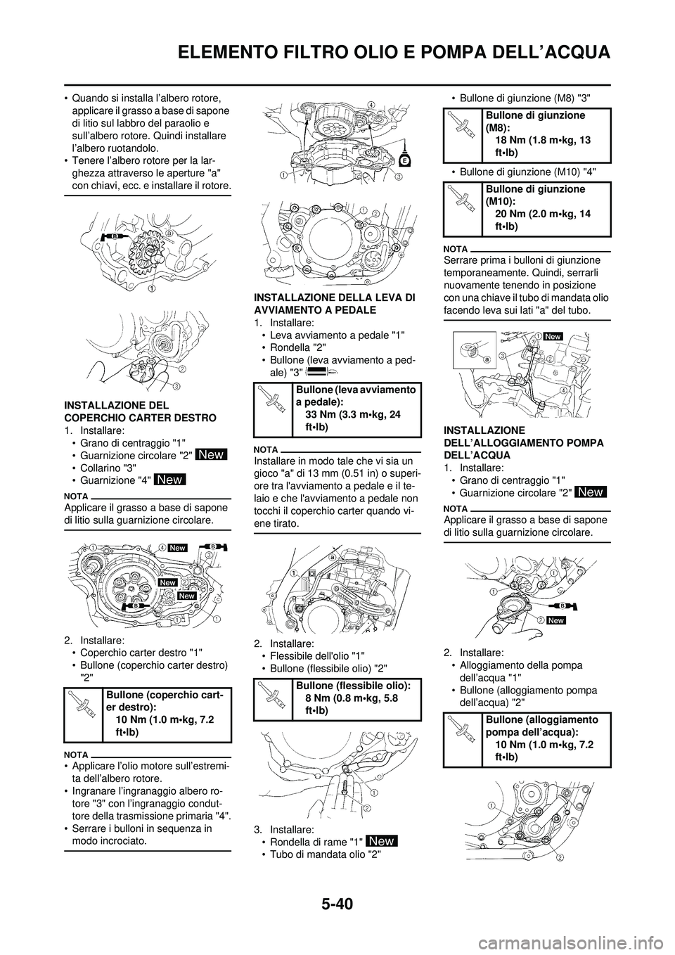 YAMAHA WR 250F 2010  Manuale duso (in Italian) 5-40
ELEMENTO FILTRO OLIO E POMPA DELL’ACQUA
• Quando si installa l’albero rotore, applicare il grasso a base di sapone 
di litio sul labbro del paraolio e 
sull’albero rotore. Quindi installa