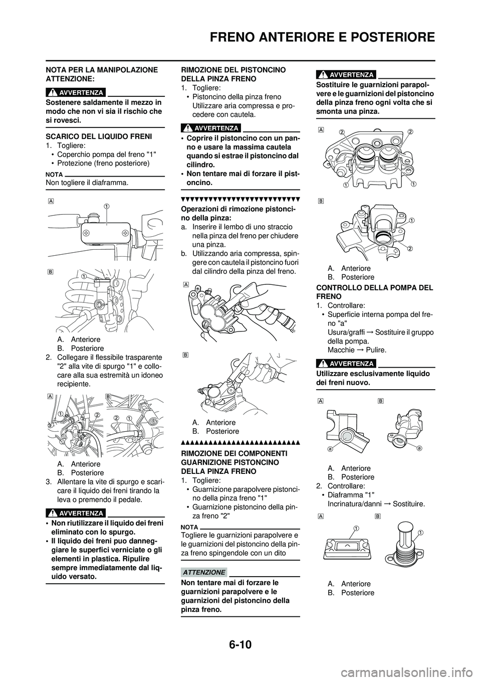 YAMAHA WR 250F 2010  Manuale duso (in Italian) 6-10
FRENO ANTERIORE E POSTERIORE
NOTA PER LA MANIPOLAZIONE 
ATTENZIONE:
Sostenere saldamente il mezzo in 
modo che non vi sia il rischio che 
si rovesci.
SCARICO DEL LIQUIDO FRENI
1. Togliere:• Cop