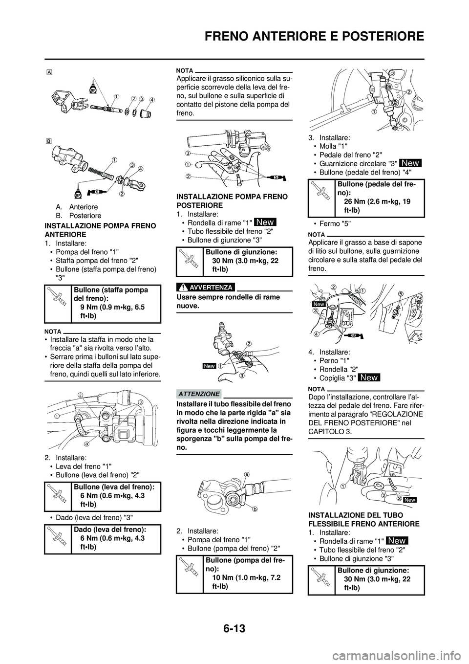 YAMAHA WR 250F 2010  Manuale duso (in Italian) 6-13
FRENO ANTERIORE E POSTERIORE
A. Anteriore
B. Posteriore
INSTALLAZIONE POMPA FRENO 
ANTERIORE
1. Installare: • Pompa del freno "1"
• Staffa pompa del freno "2"
• Bullone (staffa pompa del fr