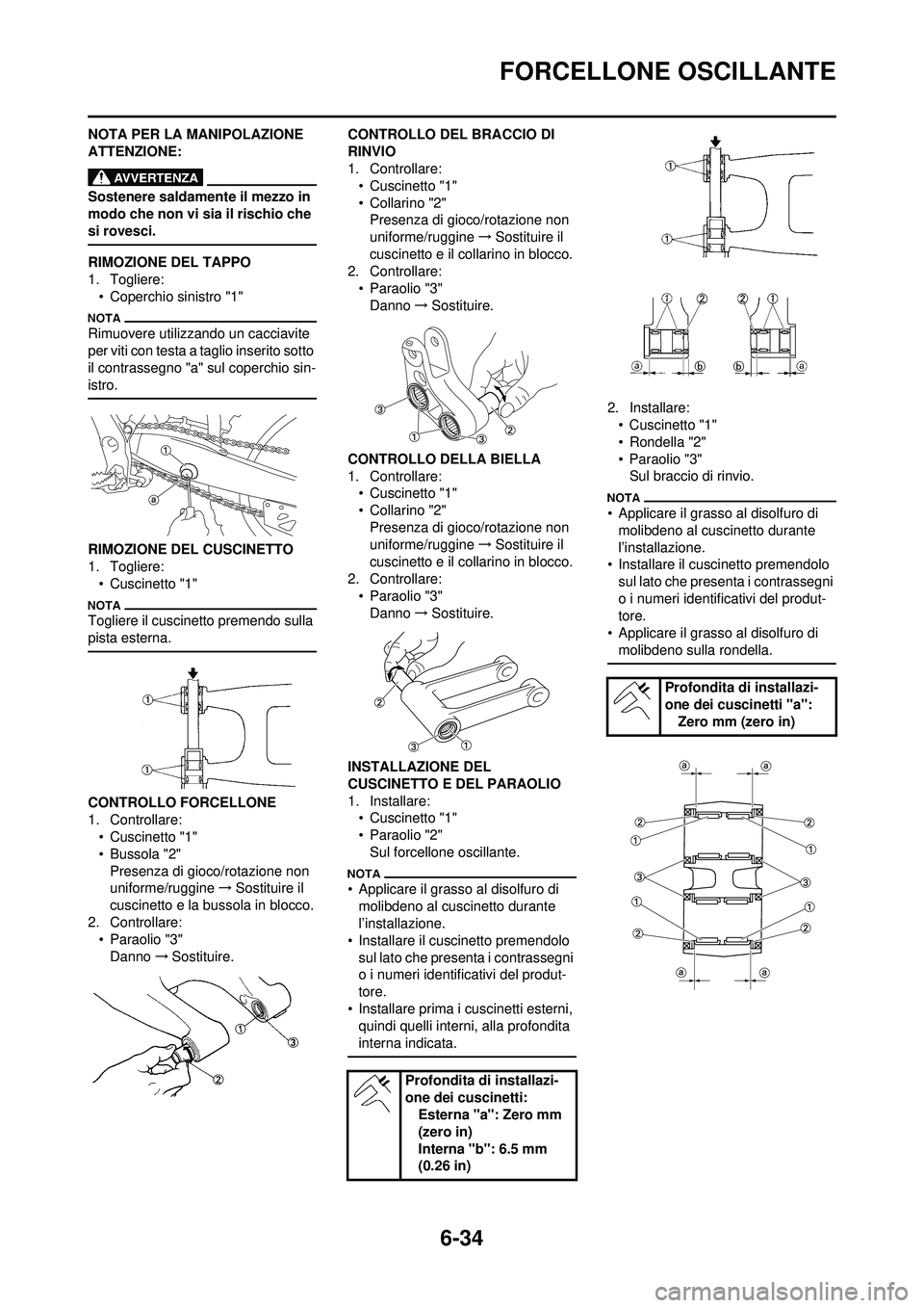 YAMAHA WR 250F 2010  Manuale duso (in Italian) 6-34
FORCELLONE OSCILLANTE
NOTA PER LA MANIPOLAZIONE 
ATTENZIONE:
Sostenere saldamente il mezzo in 
modo che non vi sia il rischio che 
si rovesci.
RIMOZIONE DEL TAPPO
1. Togliere:• Coperchio sinist