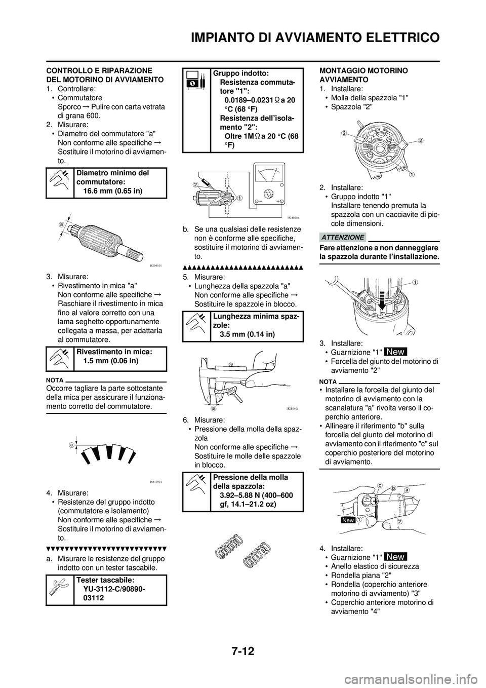 YAMAHA WR 250F 2010  Manuale duso (in Italian) 7-12
IMPIANTO DI AVVIAMENTO ELETTRICO
CONTROLLO E RIPARAZIONE 
DEL MOTORINO DI AVVIAMENTO
1. Controllare:• Commutatore
Sporco →Pulire con carta vetrata 
di grana 600.
2. Misurare:
• Diametro del