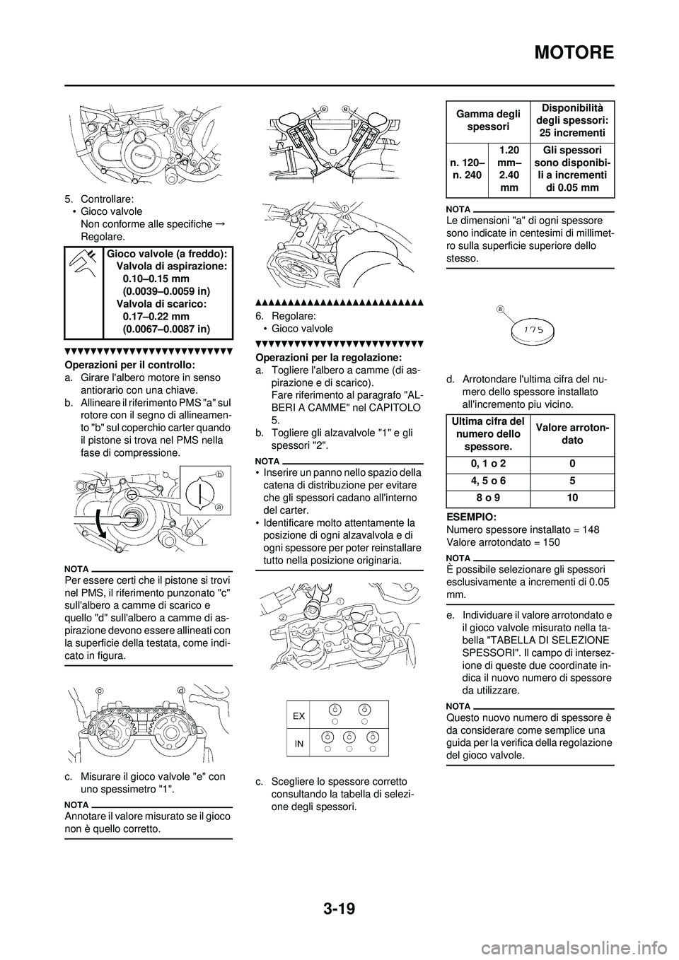 YAMAHA WR 250F 2010  Manuale duso (in Italian) 3-19
MOTORE
5. Controllare:• Gioco valvole
Non conforme alle specifiche →
Regolare.
Operazioni per il controllo:
a. Girare lalbero motore in senso 
antiorario con una chiave.
b. Allineare il rife