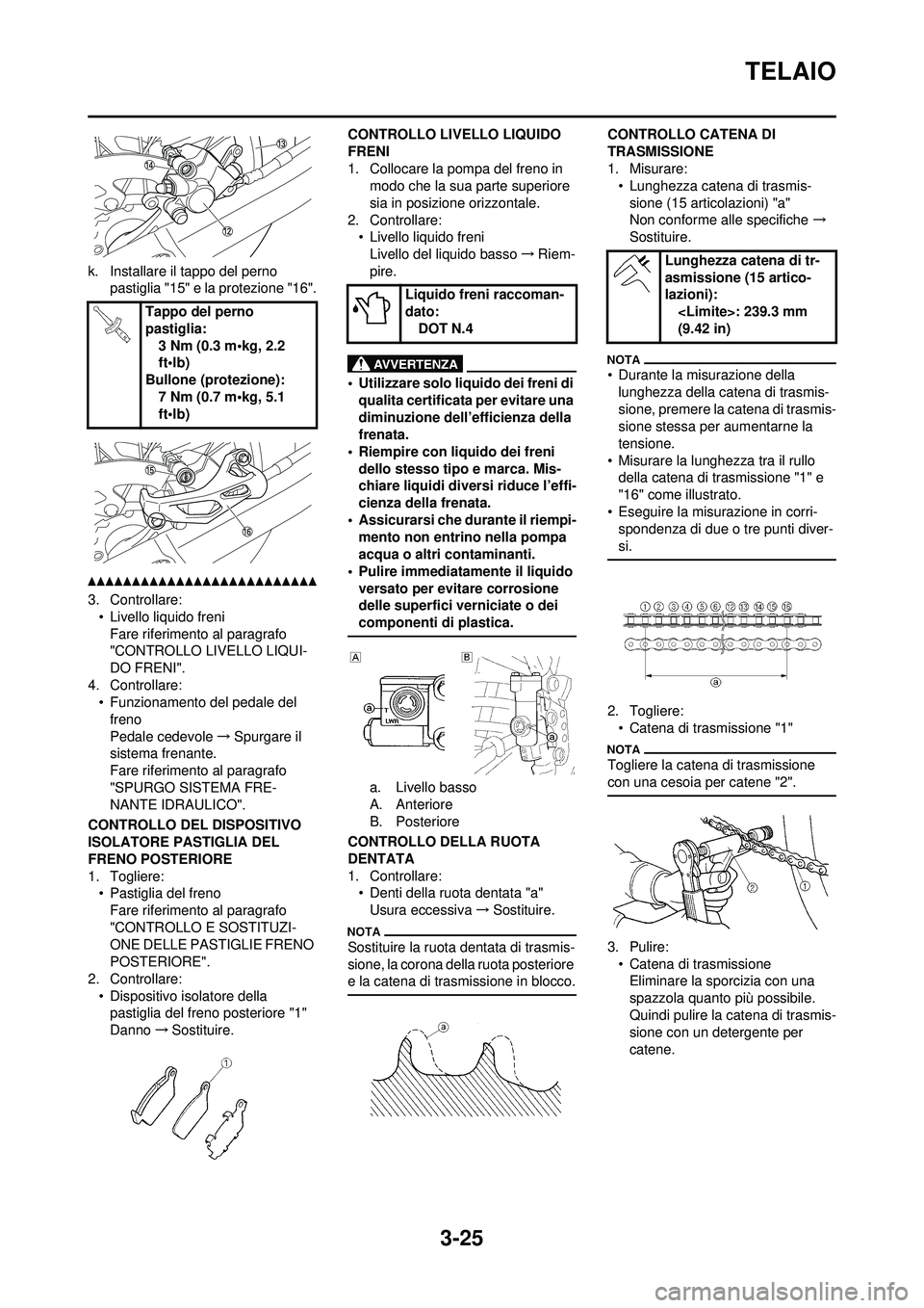 YAMAHA WR 250F 2010  Manuale duso (in Italian) 3-25
TELAIO
k. Installare il tappo del perno pastiglia "15" e la protezione "16".
3. Controllare:• Livello liquido freni
Fare riferimento al paragrafo 
"CONTROLLO LIVELLO LIQUI-
DO FRENI".
4. Contro