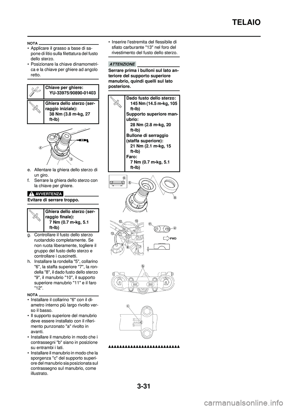 YAMAHA WR 250F 2010  Manuale duso (in Italian) 3-31
TELAIO
• Applicare il grasso a base di sa-pone di litio sulla filettatura del fusto 
dello sterzo.
• Posizionare la chiave dinamometri- ca e la chiave per ghiere ad angolo 
retto.
e. Allentar